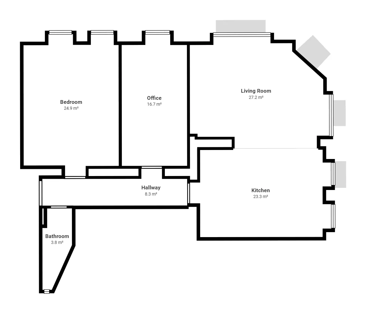 2D-Raumübersicht der Beispielwohnung, Wohnebene